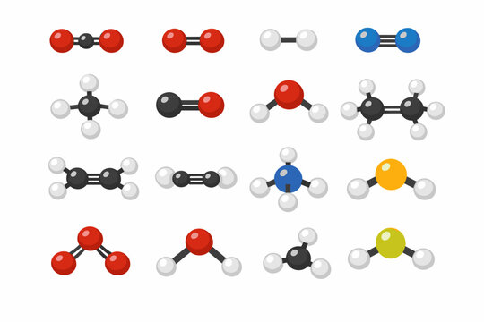 Set of Chemistry Gas Molecular Formula Models Including Carbon Dioxide, Oxygen, Hydrogen, Nitrogen, Methane, Carbon Monoxide, Water, Ammonia, and Ethylene for Science Education Vector Illustration