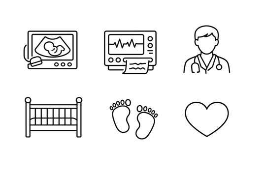 Pregnancy and newborn care line icon set featuring an ultrasound machine with fetus, fetal heart rate monitor, obstetrician doctor, baby crib, tiny infant footprints, and a heart symbol.