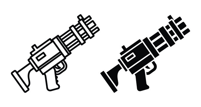 Minigun machine gun icon set with outline and solid black silhouette styles for gaming military defense and heavy weapon design