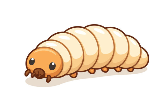 Cute Cartoon Larva Illustration, Simple Flat Vector Icon of a White Maggot or Caterpillar with an Orange Head and Segmented Body, Isolated on White Background for Pest Control, Nature, or Biology