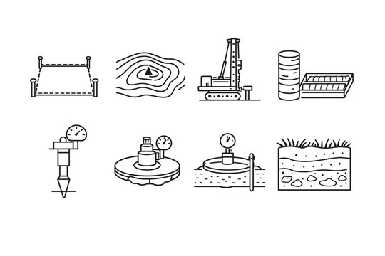 Geotechnical Engineering and Site Survey Line Icon Set with Drilling Rig, Topographic Contours, Soil Profile Stratigraphy, Core Samples, Boundary Plot, and Ground Investigation Testing Tools