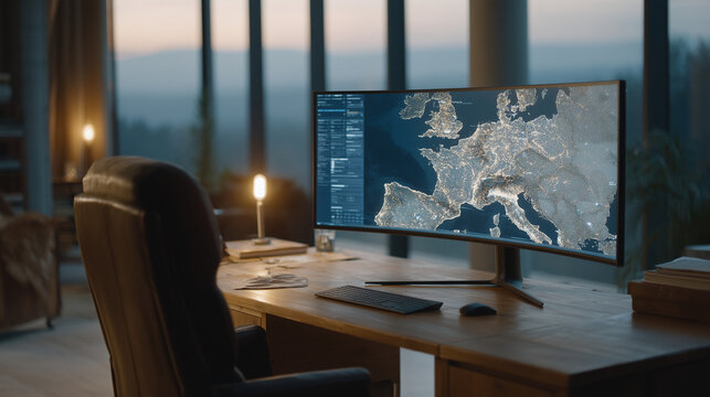 OSINT geolocation reconstruction on wide monitor showing cross-referenced social posts, map overlays, and timestamp analysis in dim analyst office, ideal for digital investigation, threat intelligen