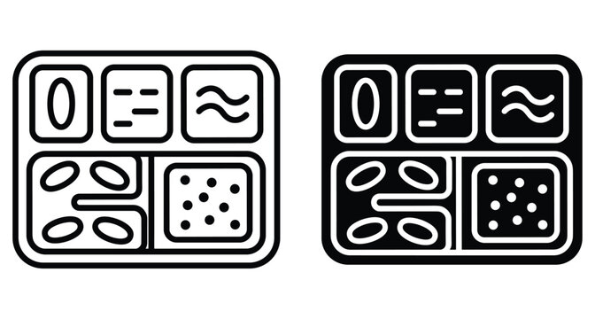 Bento box food tray icon set with outline and solid styles for lunch meal planning cafeteria service and takeaway packaging