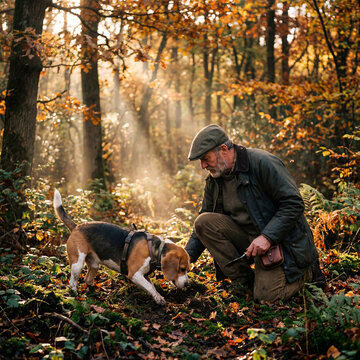 Truffle hunting in forest