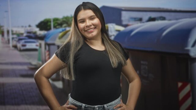 Young hispanic woman smiling with hands on hips beside large recycling dumpsters on street; confidence ease.