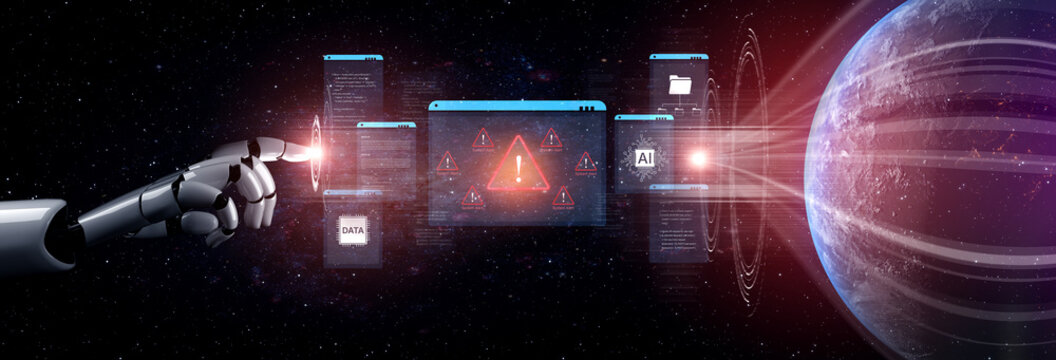 Cybersecurity concept featuring an AI detector scanning digital content for deepfakes and authenticity. Represents copyright protection, fake news prevention, and C2PA content credentials. Corpus