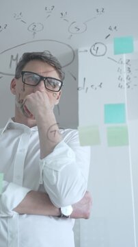 Thoughtful businessman wearing glasses concentrating on complex project plan. Analyzing strategy. Working with sticky notes and flowcharts on a clear glass board