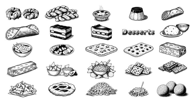 Dessert and snack collection with various pastries and appetizers in vintage engraving style