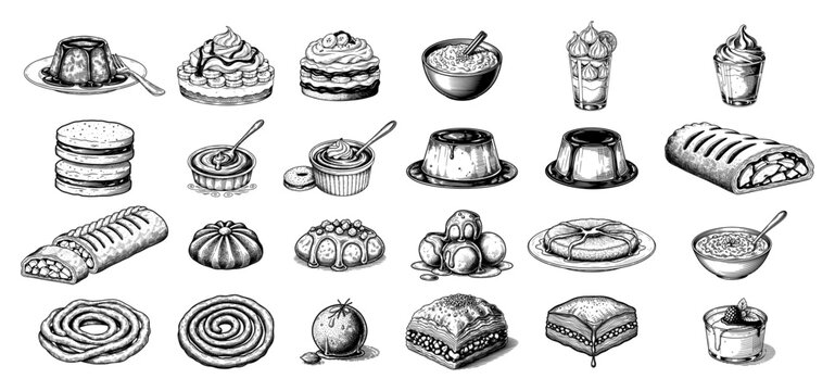 Sweet dessert set featuring cakes puddings and pastries in classic detailed engraving style