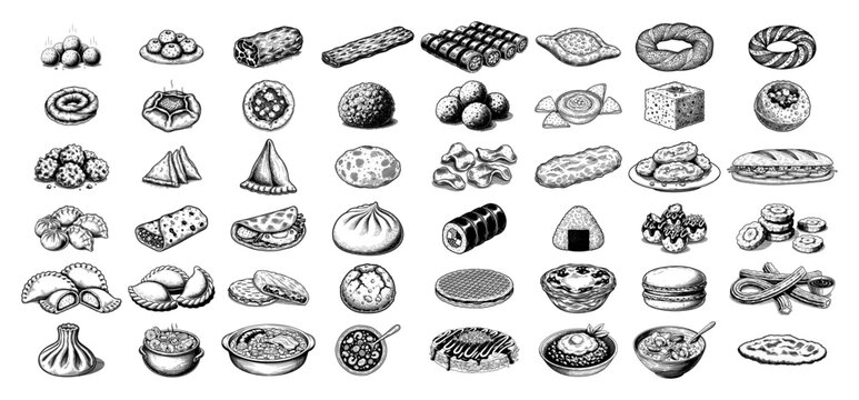 Bakery products and traditional dumplings collection in vintage engraving sketch style