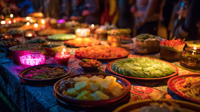 Evening feast during a cultural festival colorful dishes and dancing lights. 