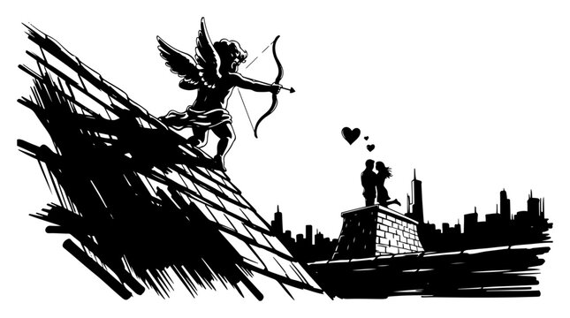 Cupid aiming bow on urban rooftop with silhouette couple in dramatic black and white engraving style