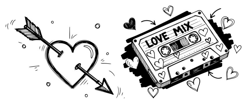 Love mix cassette tape and heart with arrow in retro hand drawn doodle style