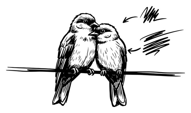 Two small birds sitting together on wire in detailed ink sketch style