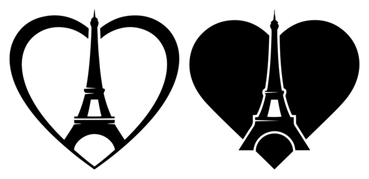 Eiffel Tower and heart symbols representing Paris and romance in flat silhouette style