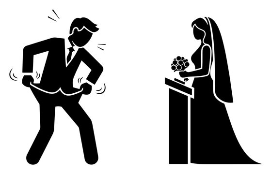 Broke man with empty pockets and bride waiting at altar in silhouette pictogram style