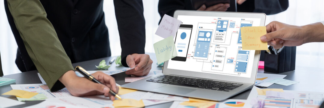 Analyst team use sticky note for creative and analytic brainstorm for business idea with BI data dashboard on laptop screen. Analysis financial data visualization tech for marketing strategy. Prodigy
