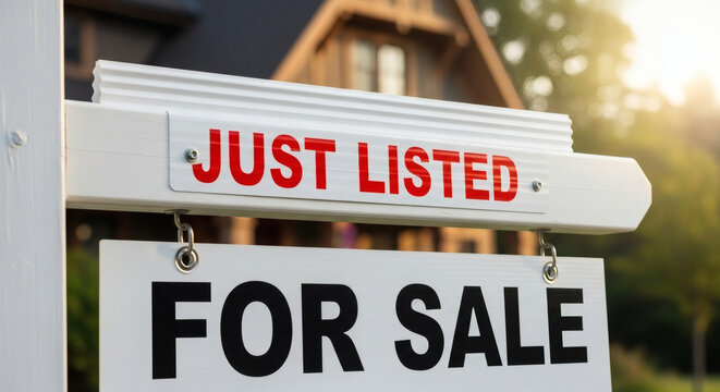 A close-up view of a 'Just Listed' and 'For Sale' real estate sign in front of a house