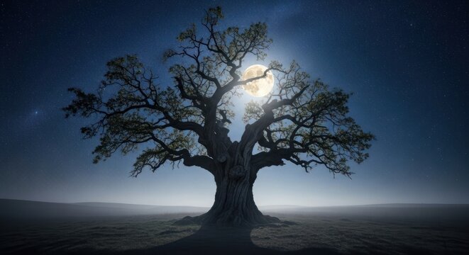 Large, ancient tree silhouetted against a full moon in a starry night sky