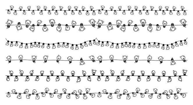 String lights with birds sitting on wire in sketchy hand drawn style