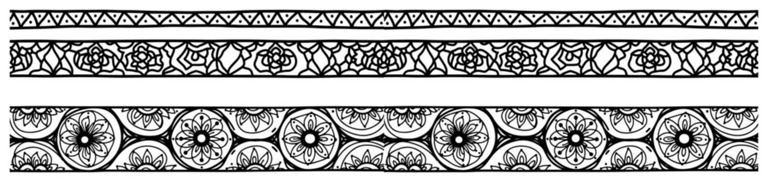 Mandala floral border ornaments with intricate ethnic patterns in black and white line art style