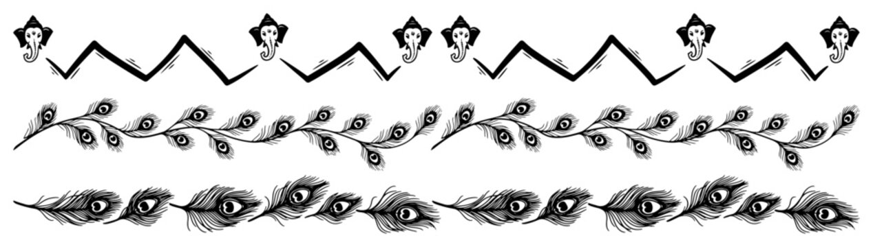 Ganesha deity and peacock feather ethnic border patterns in detailed black and white line art style