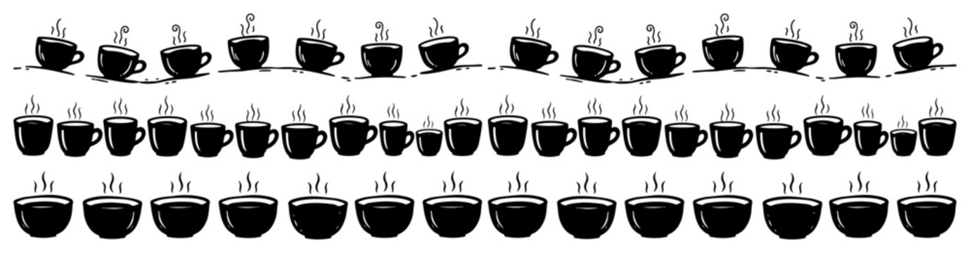 Steaming coffee cups arranged in rows for cafe borders in silhouette style