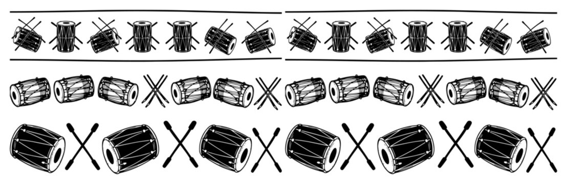 Indian dhol drums and drumsticks border for festive music celebrations in hand drawn style