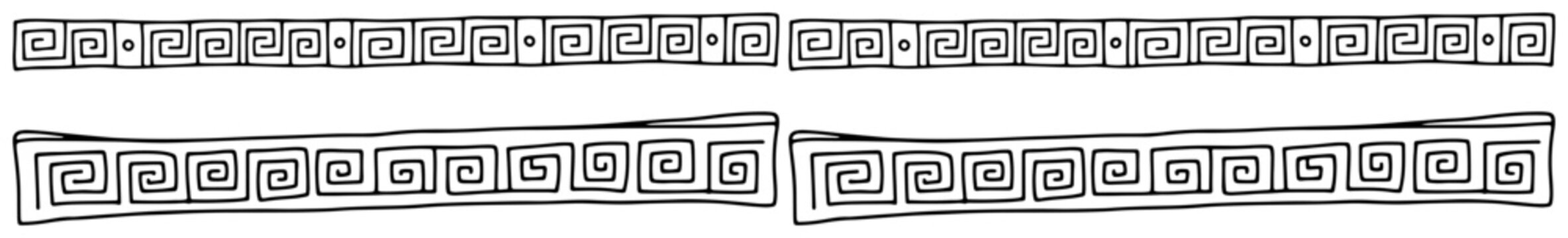 Geometric meander border pattern with greek key spiral motifs in hand drawn sketch style