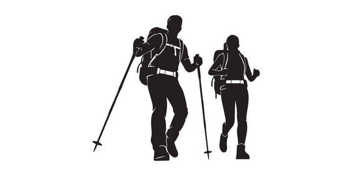 Silhouette of hiker. Collection of male and female hiker. mountaineer climber hiker people, vector silhouette collection. hiking man and woman with rucksack silhouette. Backpacker and climber people.