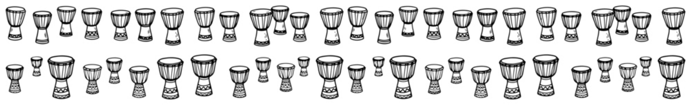 African djembe drums horizontal border pattern in hand drawn sketch style