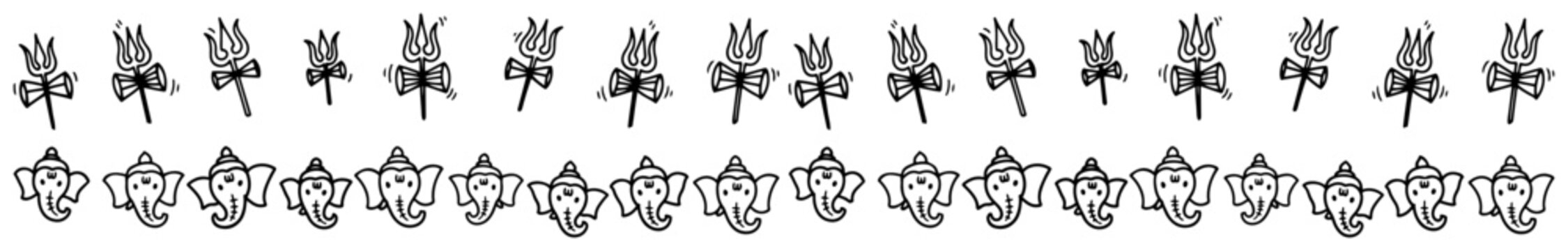 Ganesha heads and Shiva Trishula tridents horizontal borders in hand drawn doodle style