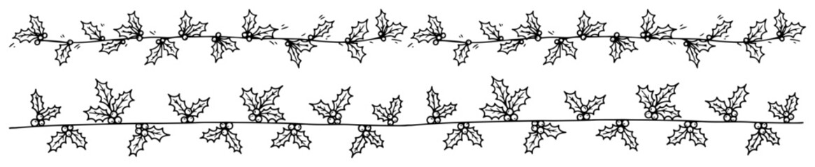 Holly leaves and berries Christmas border rows in hand drawn sketch style © Aisha Kudorova