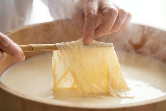 Artisan hands using a bamboo stick to carefully lift a fresh sheet of yuba from hot soy milk