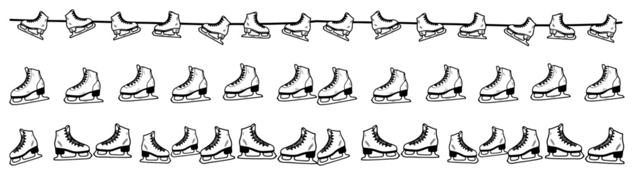 Ice skates in different styles arranged in horizontal borders hand drawn sketch style