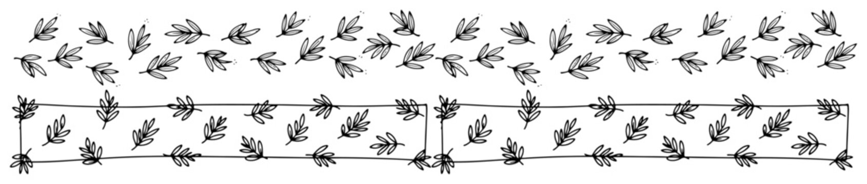 Olive leaf border frames and scattered twigs in rustic hand drawn sketch style