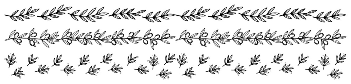 Floral branches and leafy dividers horizontal borders in hand drawn sketch style