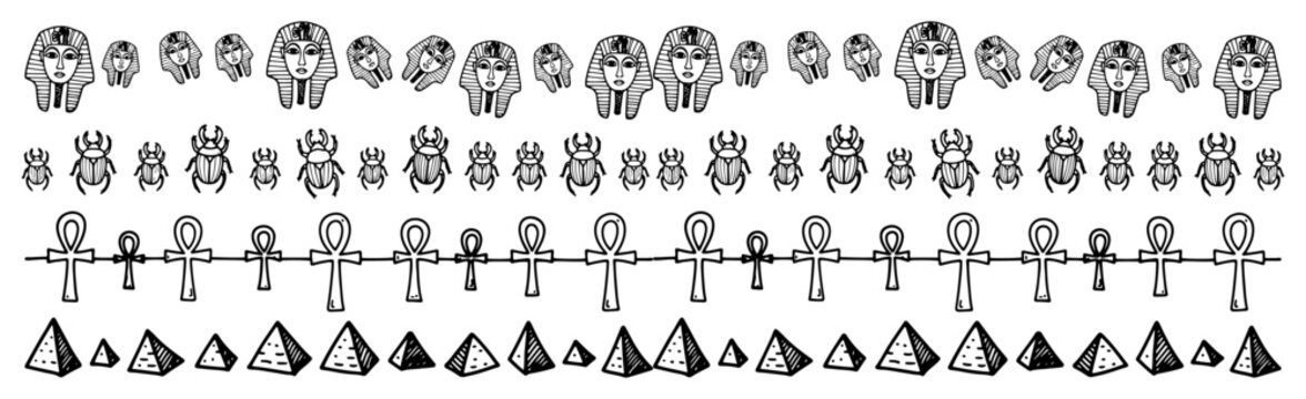 Pharaoh scarab ankh and pyramids ancient egyptian symbols borders in hand drawn sketch style