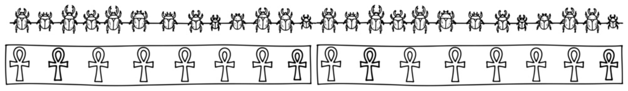 Scarab and ankh ancient egyptian symbols horizontal borders in minimalist hand drawn style