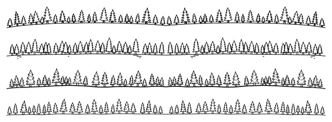Coniferous forest landscape borders with pine and fir trees in hand drawn sketch style © Aisha Kudorova