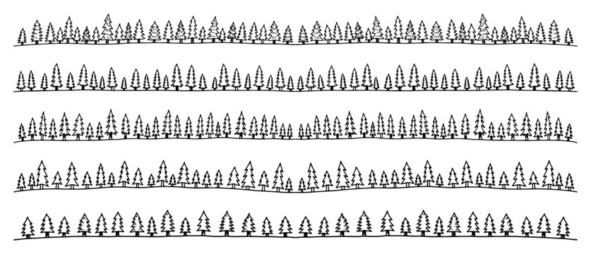 Decorative pine tree borders for winter forest landscape in hand drawn line art style