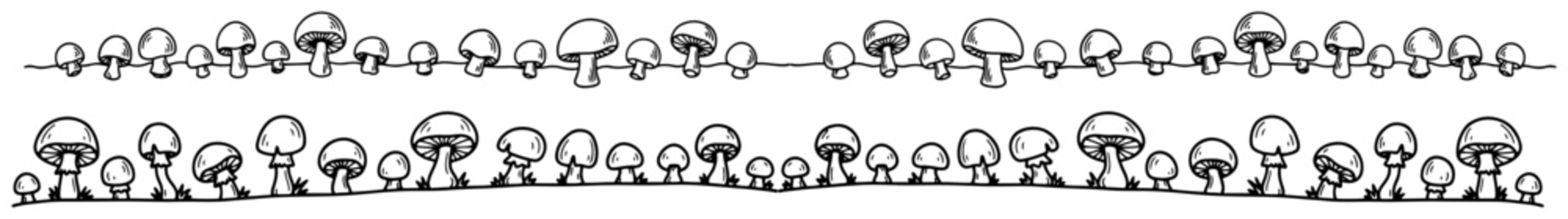 Forest mushrooms growing in a line along the ground in minimalist doodle style