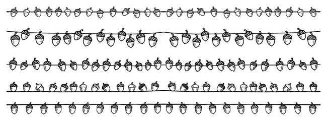 Acorn nuts hanging on strings for decorative borders in simple doodle style © Aisha Kudorova