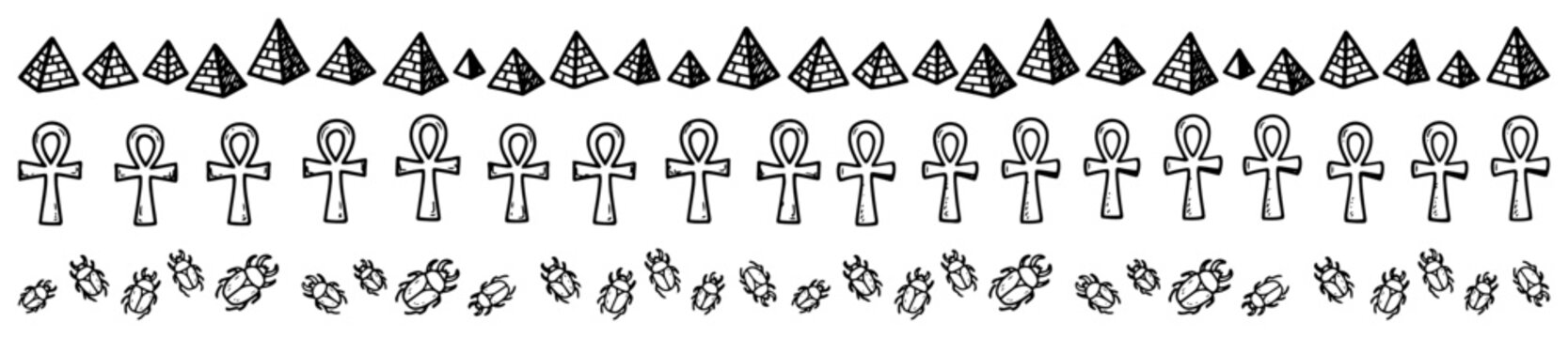 Ancient Egyptian symbols featuring pyramids ankhs and scarabs in traditional line art style