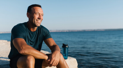 a smiling mature man sitting by the sea after a workout, dark green athletic shirt, black shorts, shaker bottle nearby, calm blue water and clear sky behind him, sunny natural dayl