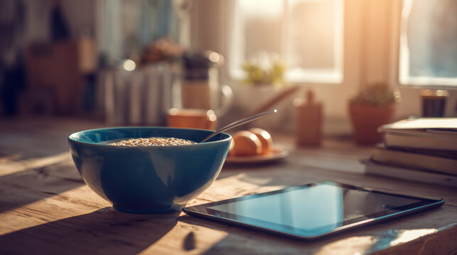 Lifestyle shot digital tablet, meal prep bowl, and morning sunlight. 