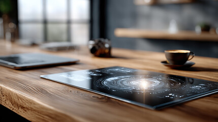 Fototapeta premium Holographic tablet displaying complex data, charts, and a glowing central spiral interface, creating an advanced augmented reality experience on a modern wooden desk