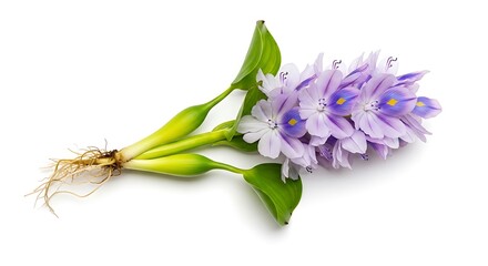 Fototapeta premium Freshly plucked purple and yellow gladiolus flowers with visible roots and green leaves on a white.