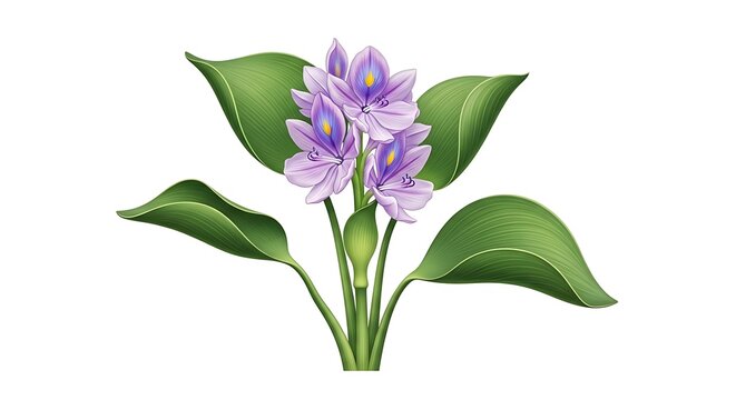 A cluster of purple crinum lilies with elongated green leaves and vibrant yellow centers.