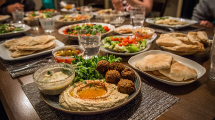 Obraz premium Middle Eastern feast with hummus, falafel, and pita shared among friends. 